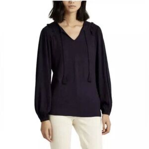 Lauren by Ralph Lauren Knit Top Sz XL Linen Blend Navy Blue With Tassels Ruffle
